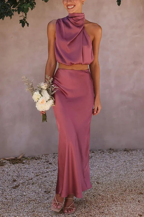 Maxi Jurk Dames | Satijnen Halterjurk met Luxe Glans