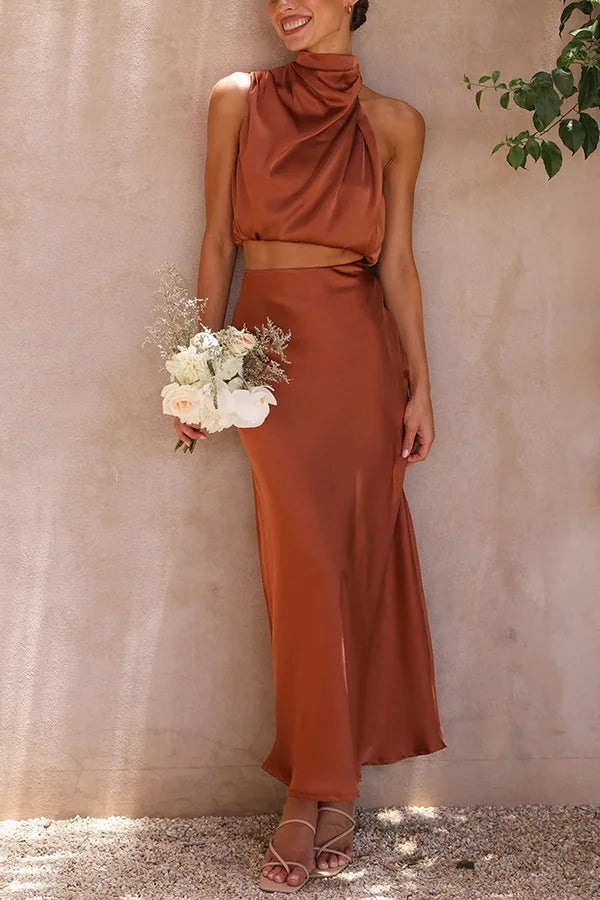Maxi Jurk Dames | Satijnen Halterjurk met Luxe Glans