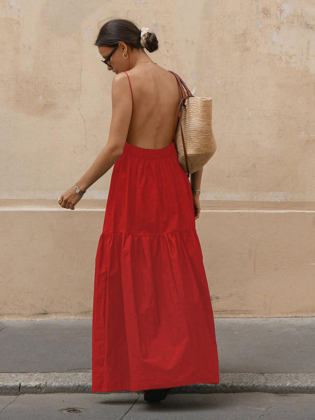 Maxi Jurk Dames Backless Spaghetti Bandjes Lange Mouwen Zomer