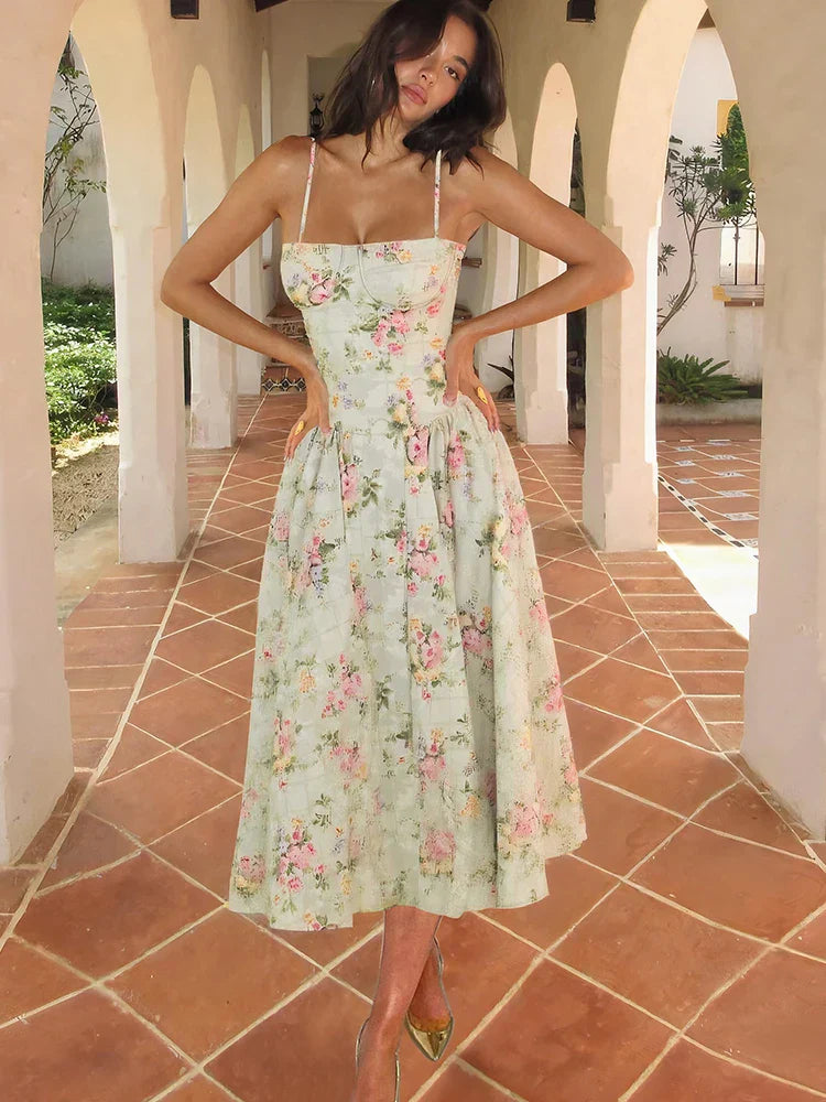 Amelia | Women's Floral Strap Midi Wedding Guest Dress
