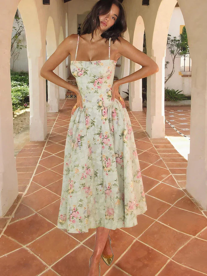 Amelia | Women's Floral Strap Midi Wedding Guest Dress